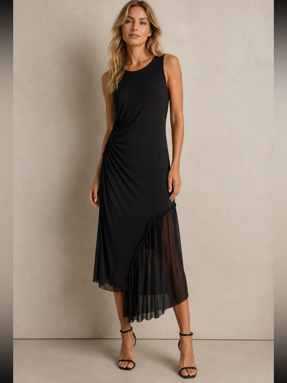 Anthropologie Black Sleeveless Sheer Sunburst Asymmetrical Midi Dress Size M NWT
